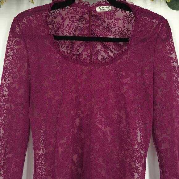 Free People Intimately Maroon Mesh Floral Long Sleeve Top Size Medium - Picture 4 of 9